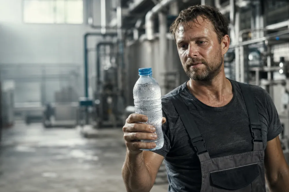 Arbeider drinkt uit een flesje water