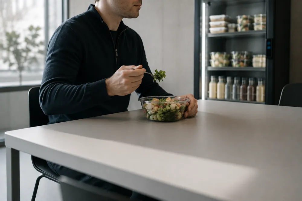 Medewerker eet een bowl naast de smart fridge