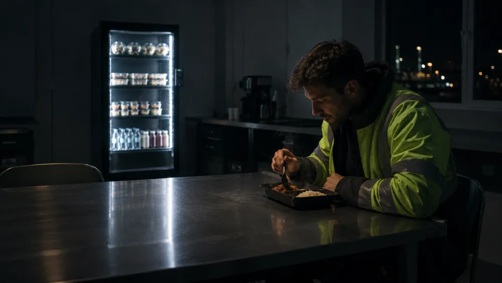 Nachtploegmedewerker eet een warme maaltijd