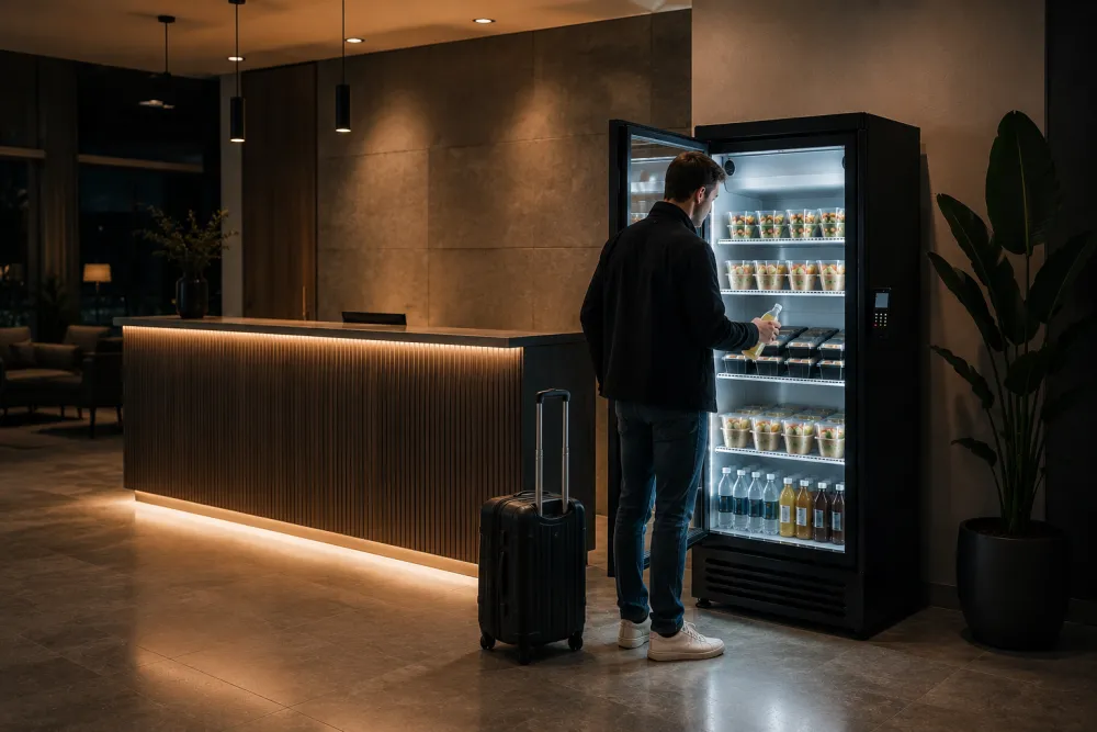 Hotelgast neemt eten uit de smart fridge