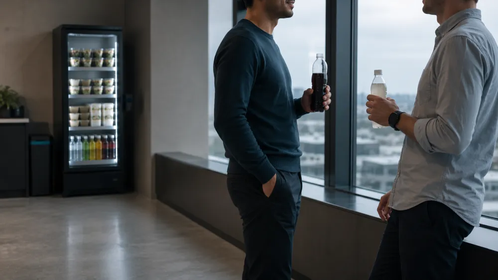 Collega's met een drankje bij het raam