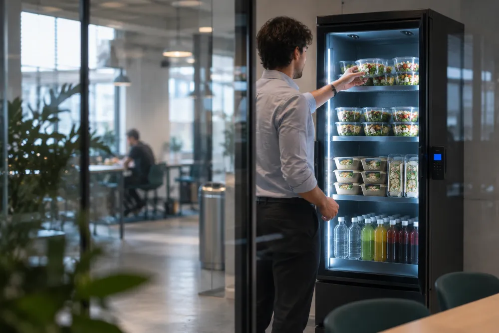 Medewerker neemt een salade uit de smart fridge