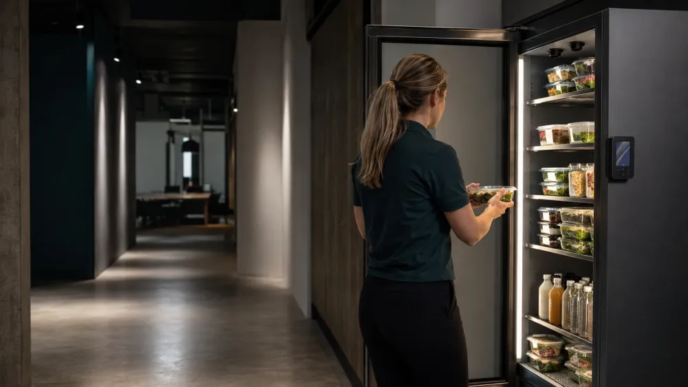 Medewerker haalt een maaltijd uit de smart fridge