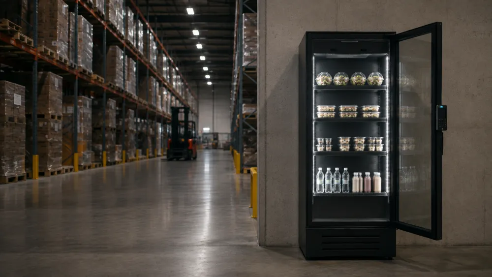 Smart fridge met open deur bij rekken en een heftruck