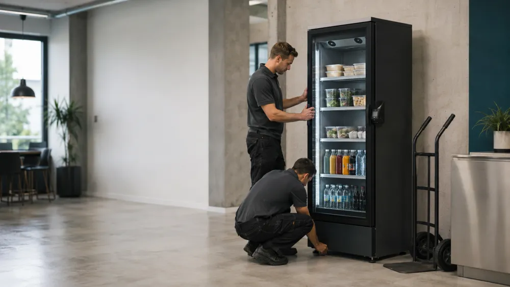 Deux techniciens mettent un frigo connecté en place