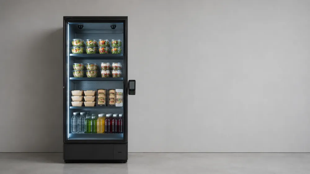 Smart fridge vooraanzicht met maaltijden en dranken