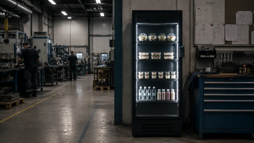 Werkplaats met machines en een smart fridge
