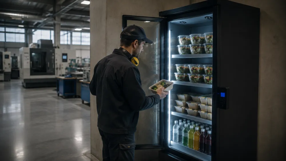 Operator haalt een maaltijd in de fabriek