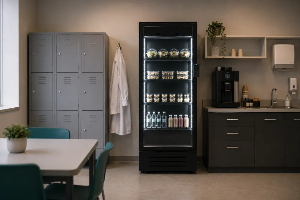 Personeelsruimte met lockers en een smart fridge