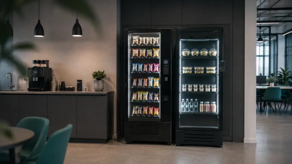 Pantry met een snackautomaat naast een smart fridge