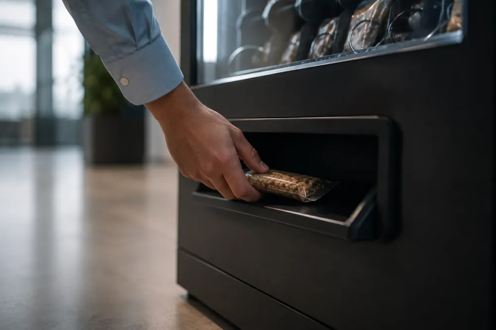 Iemand neemt een reep uit de uitgifteklep van een klassieke automaat