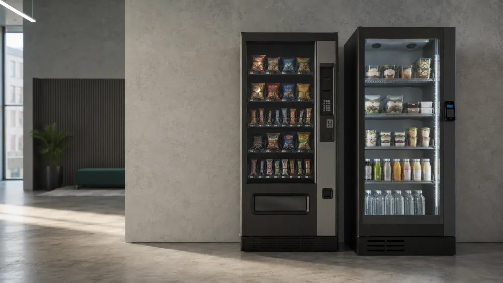 Snackautomaat naast een koelautomaat in een kantoorhal