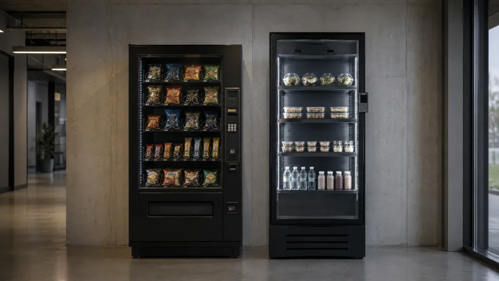 Traditionele automaat naast een smart fridge