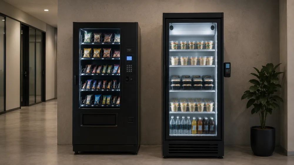Traditionele automaat naast een smart fridge