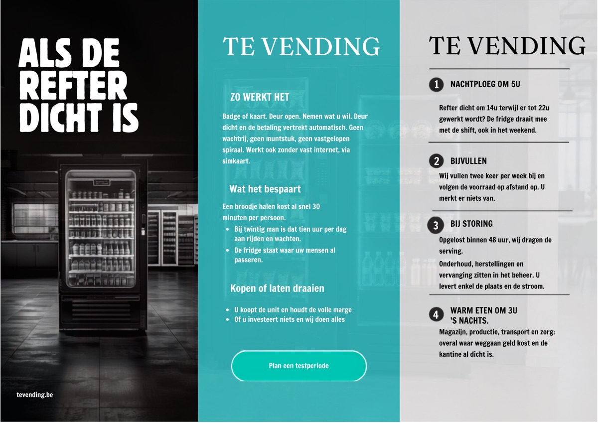 Brochure blad 2 &ldquo;Als de refter dicht is&rdquo;: zo werkt het, wat het bespaart, kopen of laten draaien, en vier punten: nachtploeg om 5u, bijvullen, bij storing, warm eten om 3u &lsquo;s nachts.